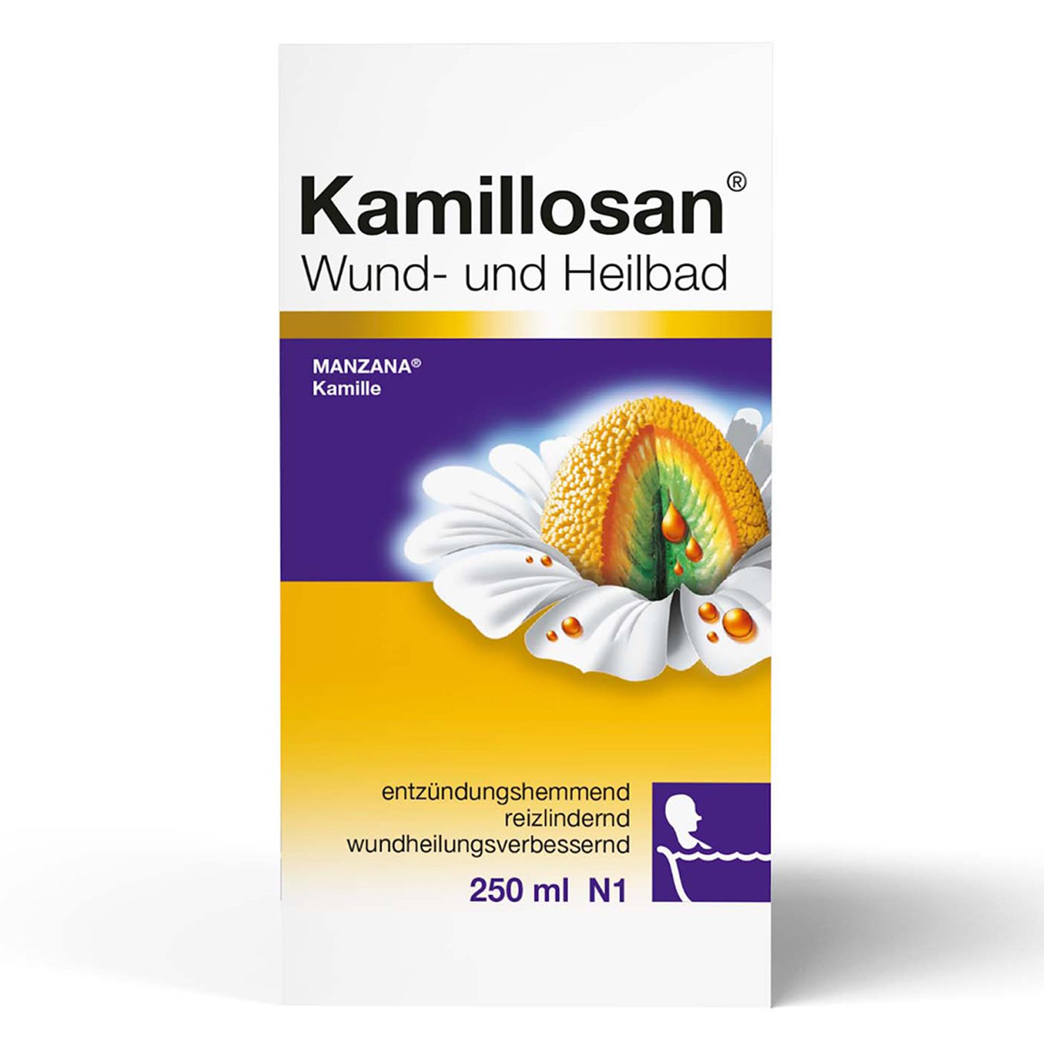 Verpackung von Kamillosan® Wund- und Heilbad. Weißer Karton mit Produktnamen und Kamillenblüten-Illustration.