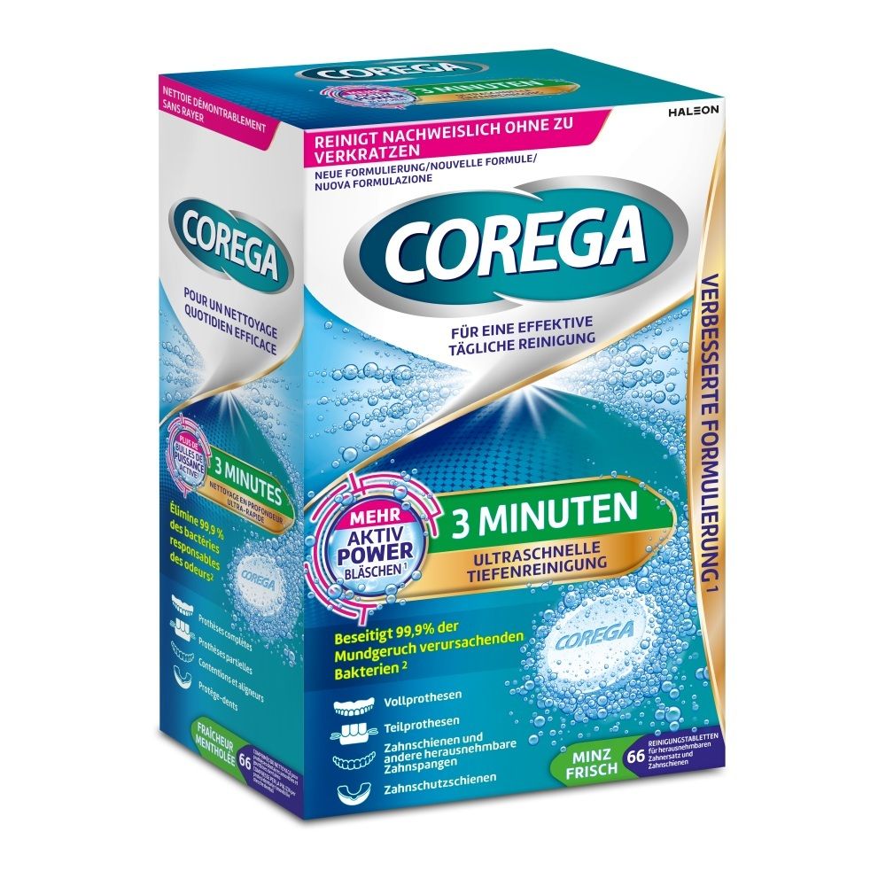 Corega Tabs für Ultraschnelle Tiefenreinigung, Minz Frisch, 66 Stück.