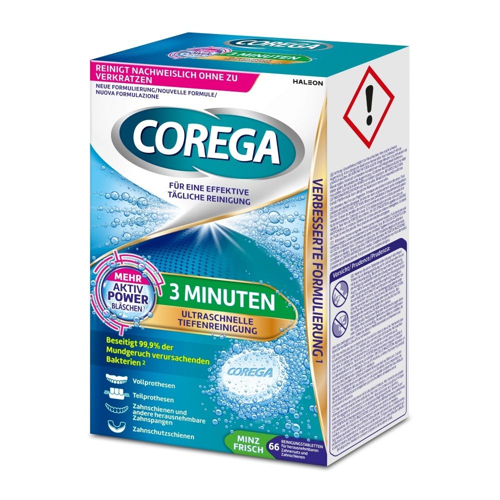 Corega 3 Minuten Tabs für Ultraschnelle Tiefenreinigung, Minz Frisch, 66 Stück.