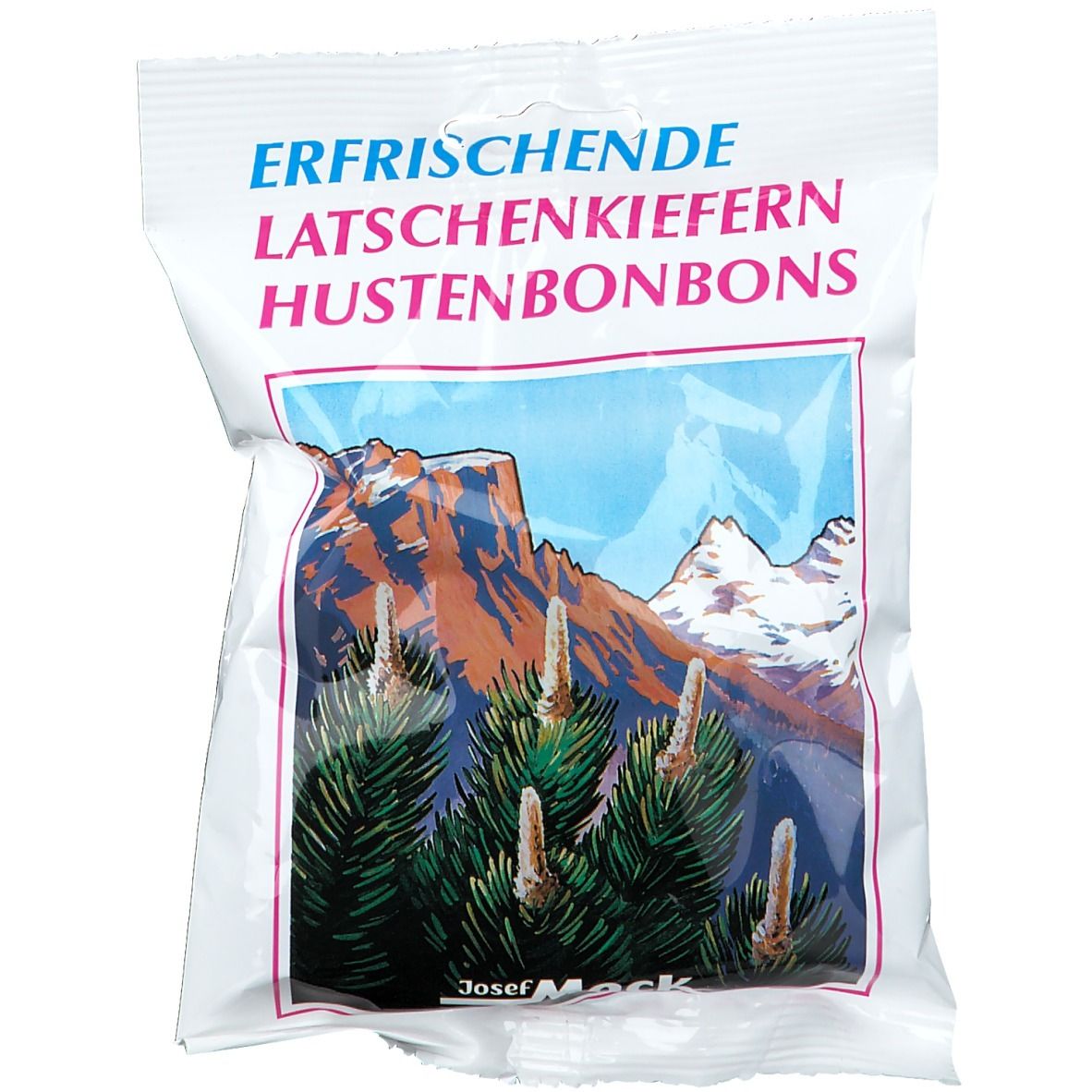 Beutel mit Hustenbonbons. Aufschrift: Erfrischende Latschenkiefern Hustenbonbons. Abbildung von Berglandschaft und Kiefern.