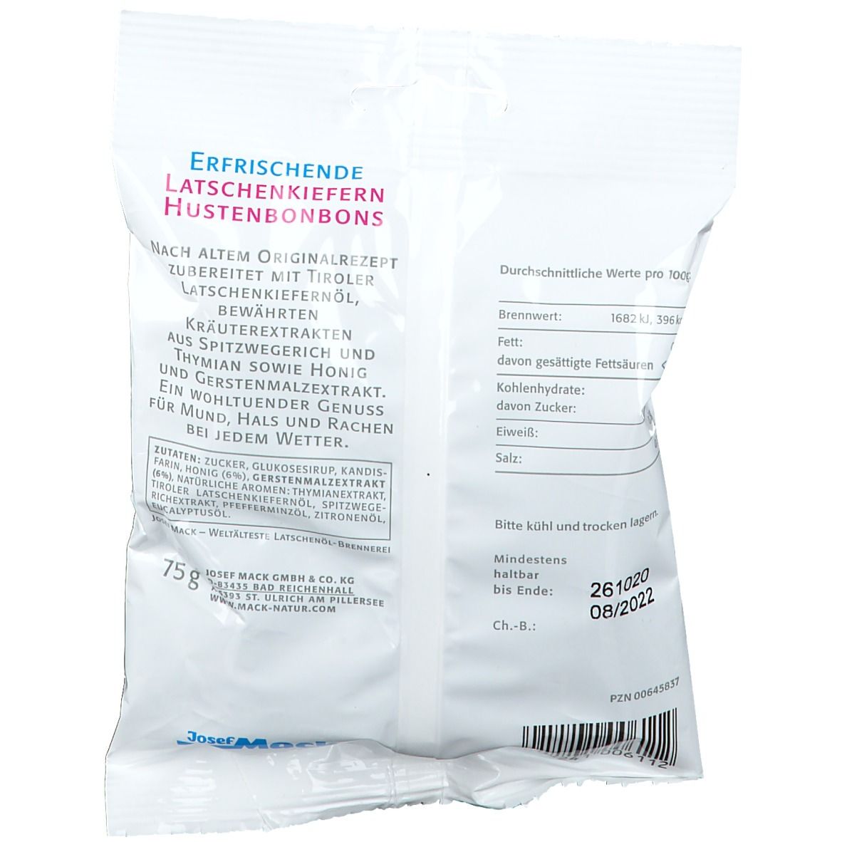 Rückseite der Hustenbonbon-Verpackung. Text mit Inhaltsstoffen und Nährwertangaben. Mindesthaltbarkeitsdatum: 08/2022.