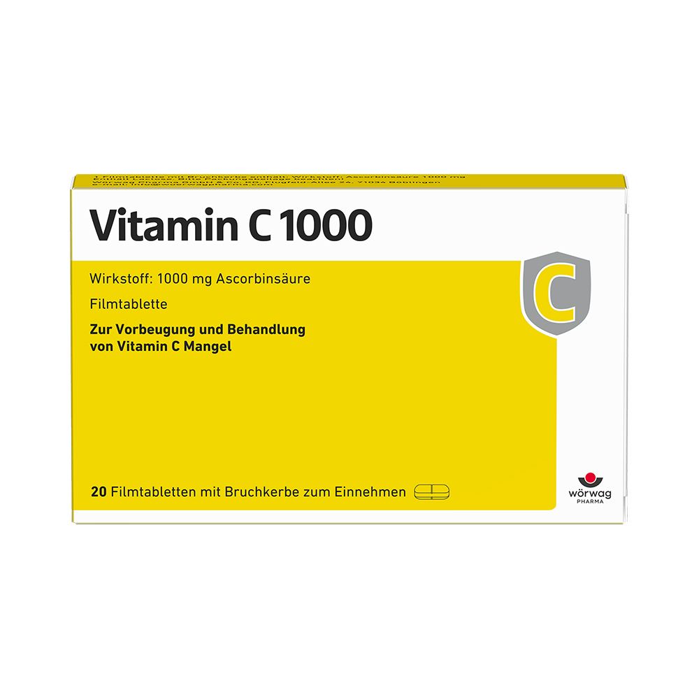 Schachtel mit Vitamin C 1000 Filmtabletten. Gelb-weißes Design mit Produktnamen und Inhaltsangaben.