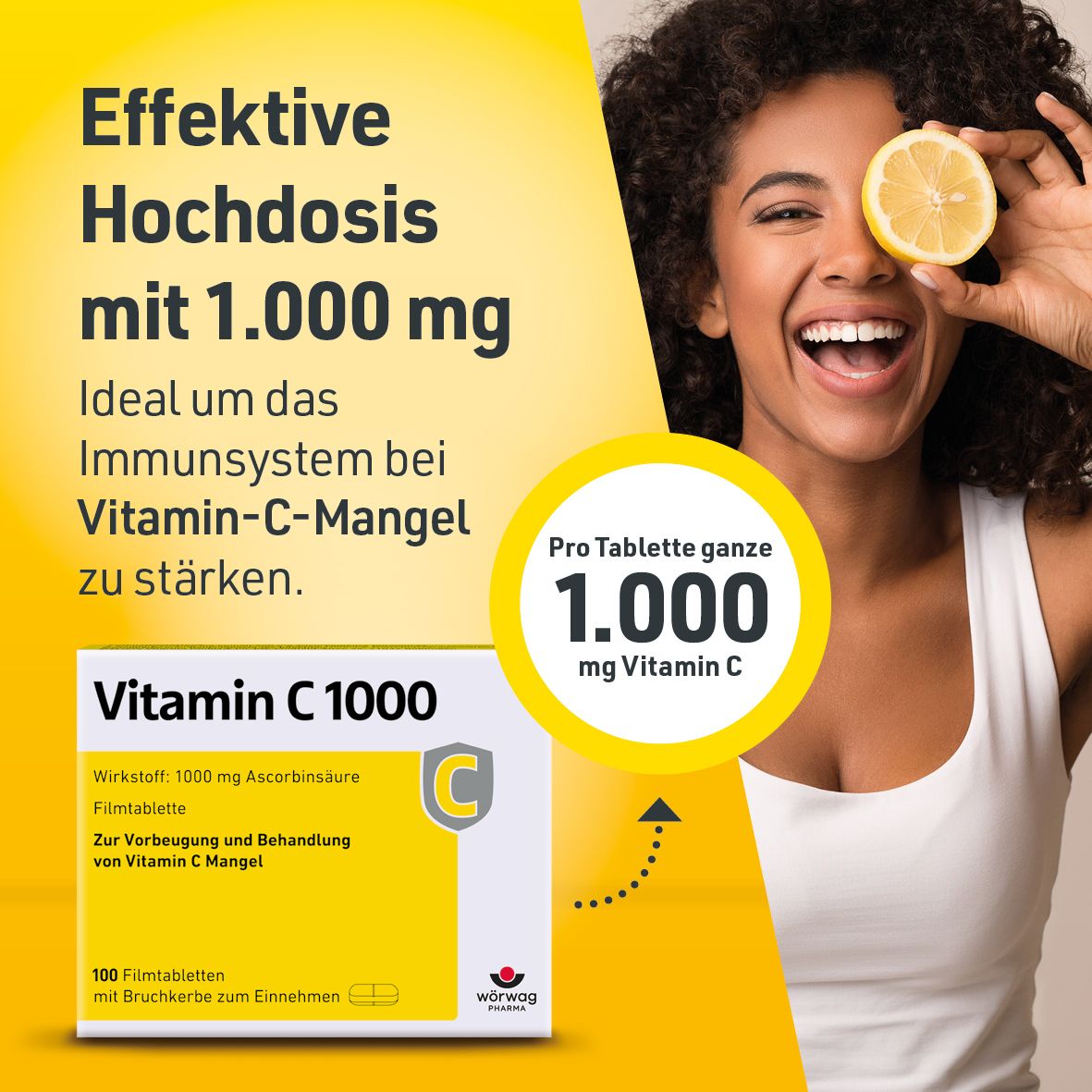 Frau mit Zitrone vor dem Auge. Packung Vitamin C 1000. Text: 'Effektive Hochdosis mit 1.000 mg'.