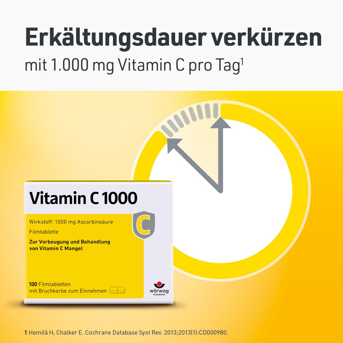 Gelber Hintergrund mit Uhr und Text: 'Erkältungsdauer verkürzen mit 1.000 mg Vitamin C'. Packung Vitamin C 1000.