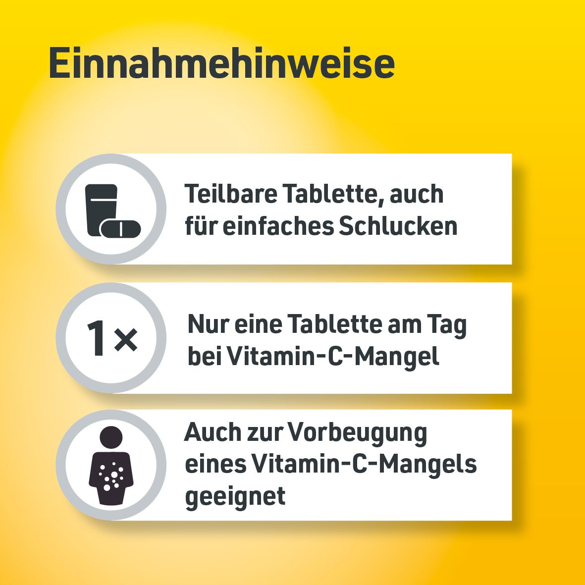 Drei Infografiken. Tabletten, 1x Tablette pro Tag, und zur Vorbeugung. Gelber Hintergrund.