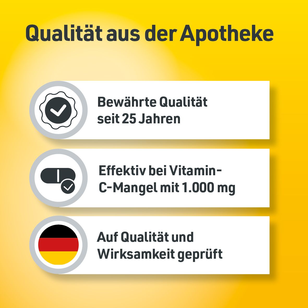 Drei Icons: Qualität, Wirksamkeit, und deutsche Flagge. Text: 'Qualität aus der Apotheke'.