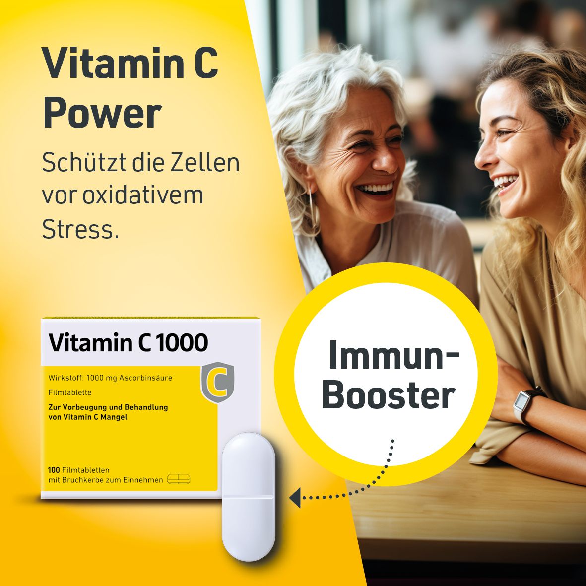 Packung Vitamin C 1000 und Tablette. Text: 'Vitamin C Power. Schützt die Zellen vor oxidativem Stress'.