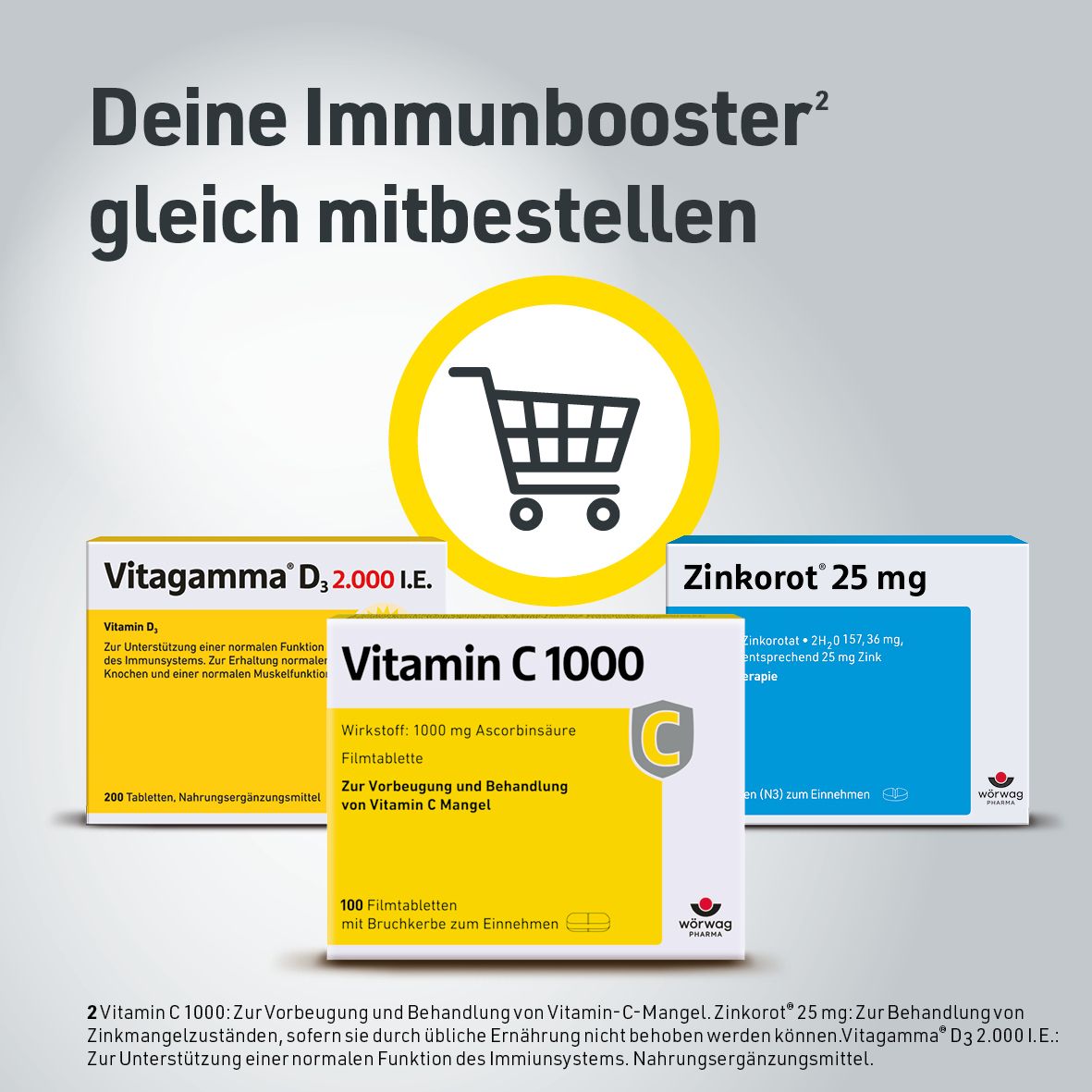 Drei Produktverpackungen: Vitamin C 1000, Vitagamma D2000, Zinkorot 25 mg. Einkaufswagen-Symbol.