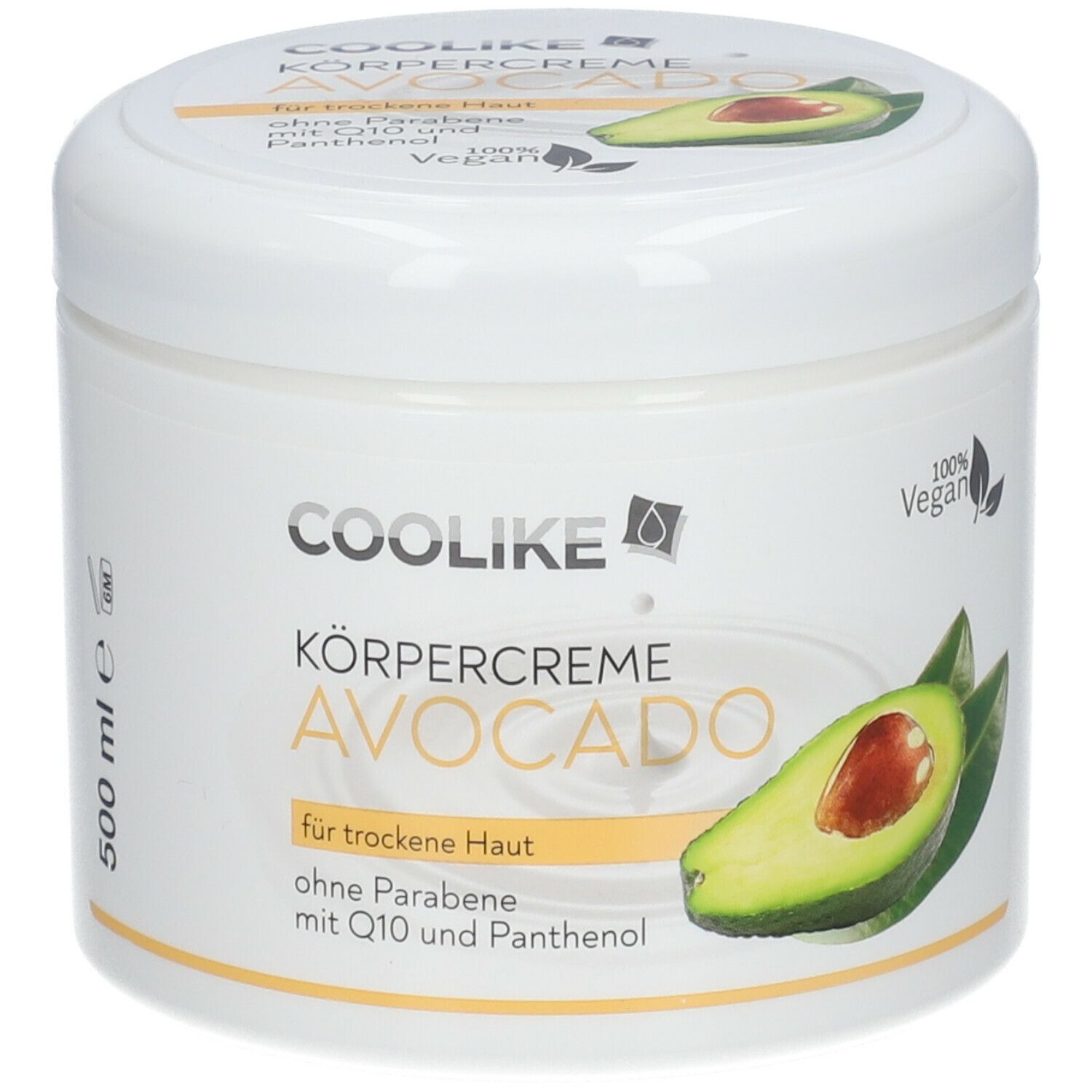 Weißer Tiegel mit Avocado-Körpercreme. Aufschrift: COOLIKE, Avocado, für trockene Haut, ohne Parabene, mit Q10 und Panthenol. 500 ml.