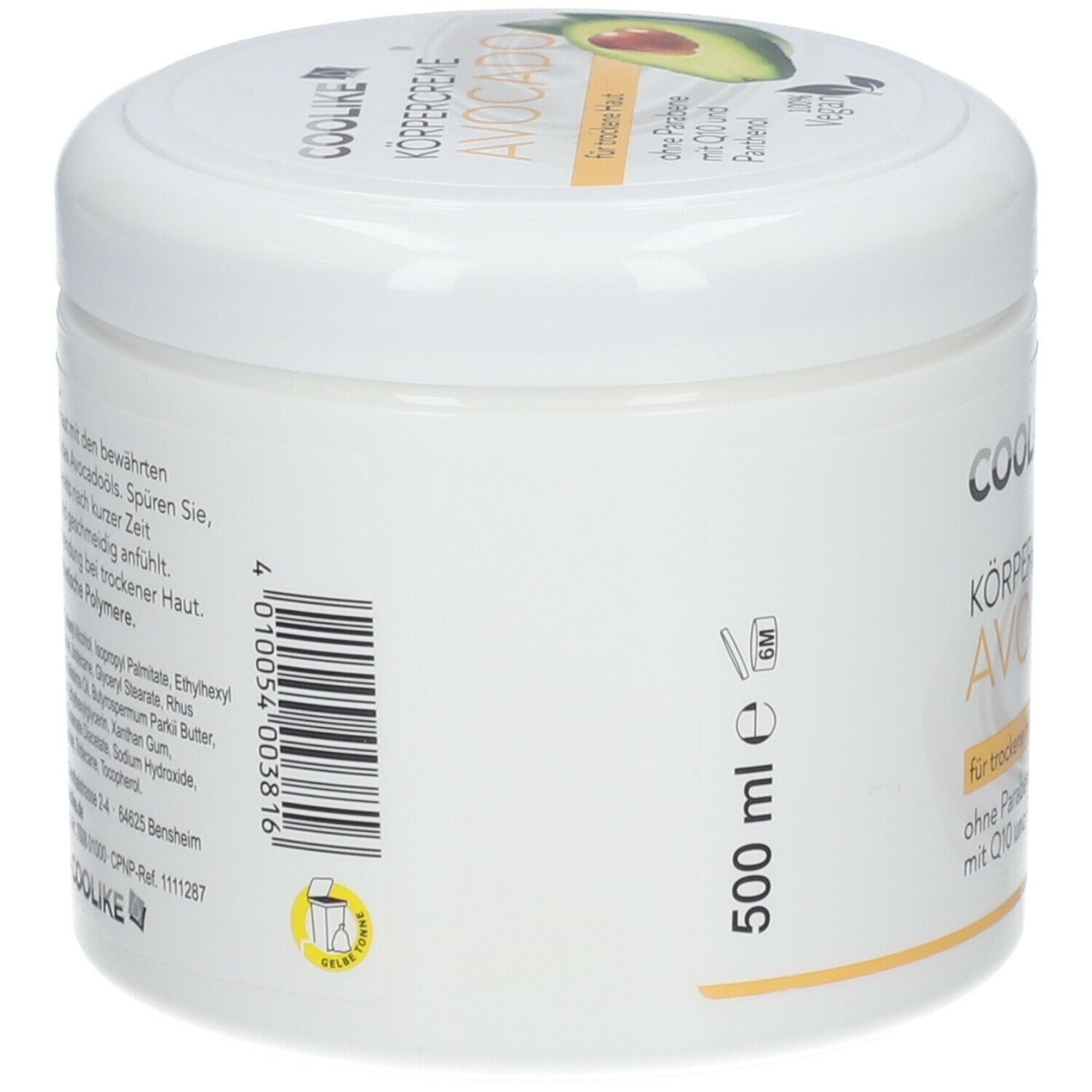 Weißer Tiegel mit Avocado-Körpercreme. Auf der Seite: Barcode, 500 ml, 6M-Symbol. Aufschrift: COOLIKE. Text in Deutsch.