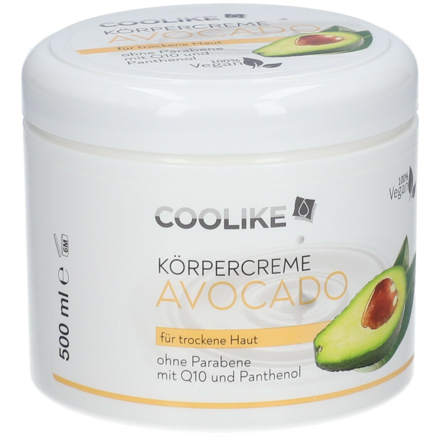 Weißer Tiegel mit Avocado-Körpercreme. Aufschrift: COOLIKE, Avocado, für trockene Haut, ohne Parabene, mit Q10 und Panthenol. 500 ml.