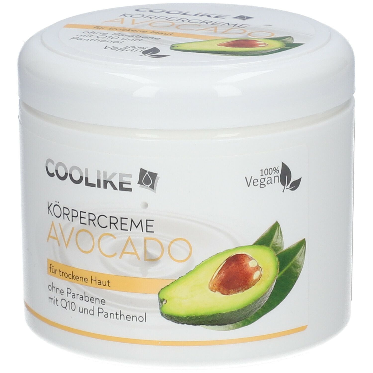 Weißer Tiegel mit Avocado-Körpercreme. Aufschrift: COOLIKE, Avocado, für trockene Haut, ohne Parabene, mit Q10 und Panthenol. 100% Vegan.