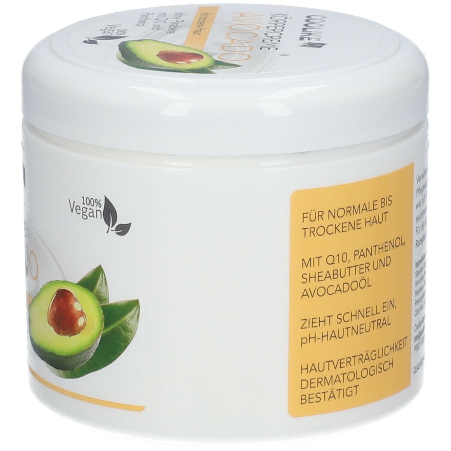 Weißer Tiegel mit Avocado-Körpercreme. Auf der Seite: Text in Deutsch, 100% Vegan. Aufschrift: COOLIKE. Avocado-Abbildung.