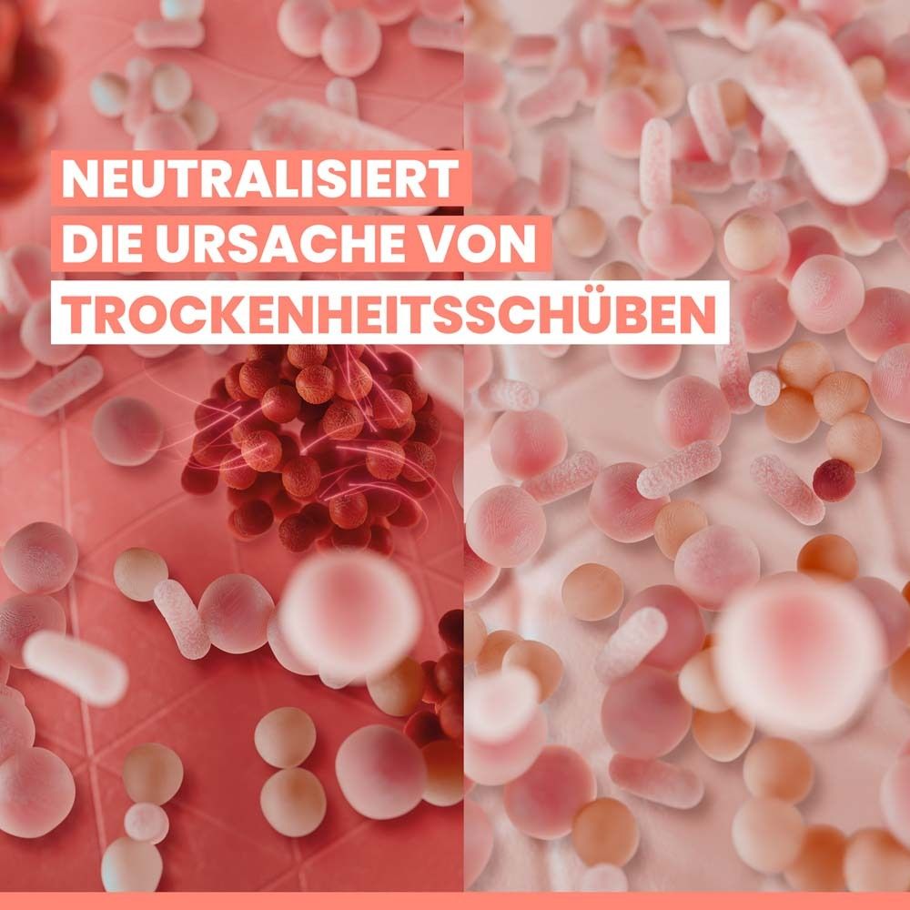 Grafik: Neutralisiert die Ursache von Trockenheitsschüben. Darstellung von Hautzellen vor und nach der Anwendung.