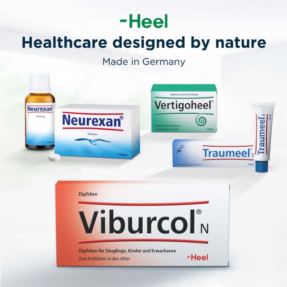 Verschiedene Produkte der Marke Heel. Darunter Viburcol N Zäpfchen.