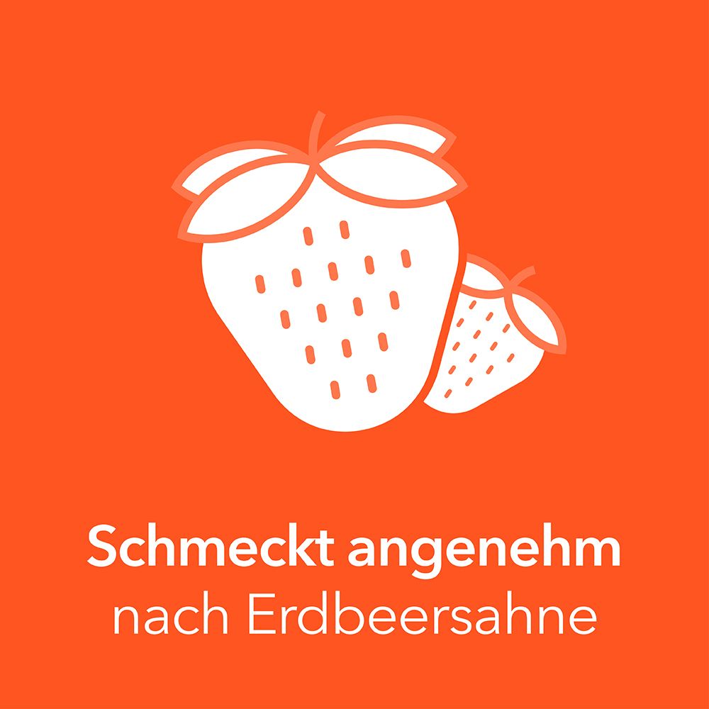 Symbole von Erdbeeren mit Text: Schmeckt angenehm nach Erdbeersahne.