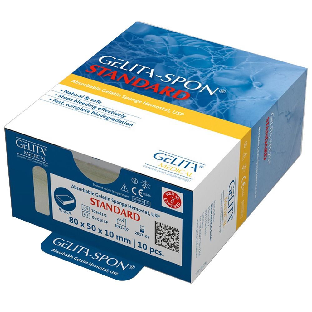 Karton mit GELITA-SPON® STANDARD. Aufschrift: Absorbierbarer Gelatineschwamm Hämostatikum, USP. Enthält 10 Stück. Größe: 80 x 50 x 10 mm.