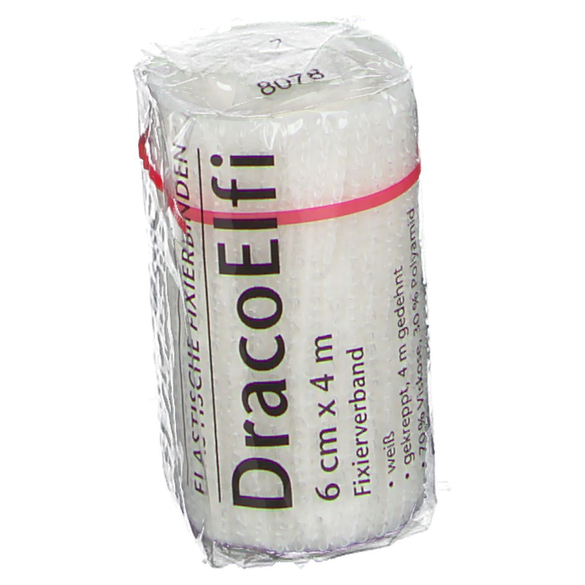Elastische Fixierbinde, 6 cm x 4 m, weiß, in Cellophan verpackt. Roter Gummiring. Aufdruck: DracoElfi.