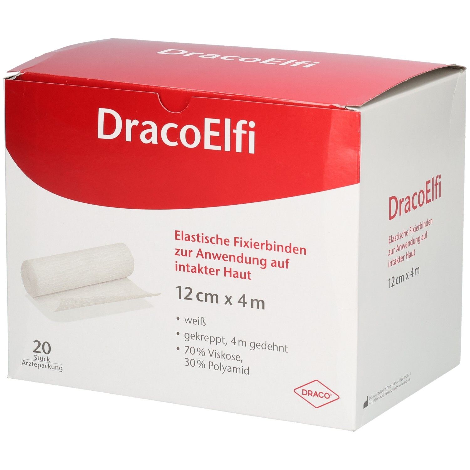 Verpackung von DracoElfi elast. Fixierbinden. Weiß, gekreppt, 12 cm x 4 m. Enthält 20 Stück. Material: 70% Viskose, 30% Polyamid.