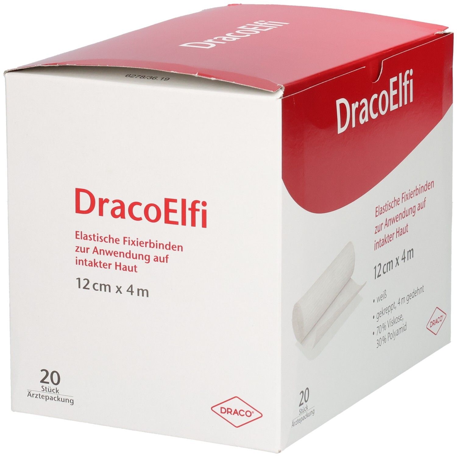 Verpackung von DracoElfi elast. Fixierbinden. Weiß, gekreppt, 12 cm x 4 m. Enthält 20 Stück. Draco-Logo.