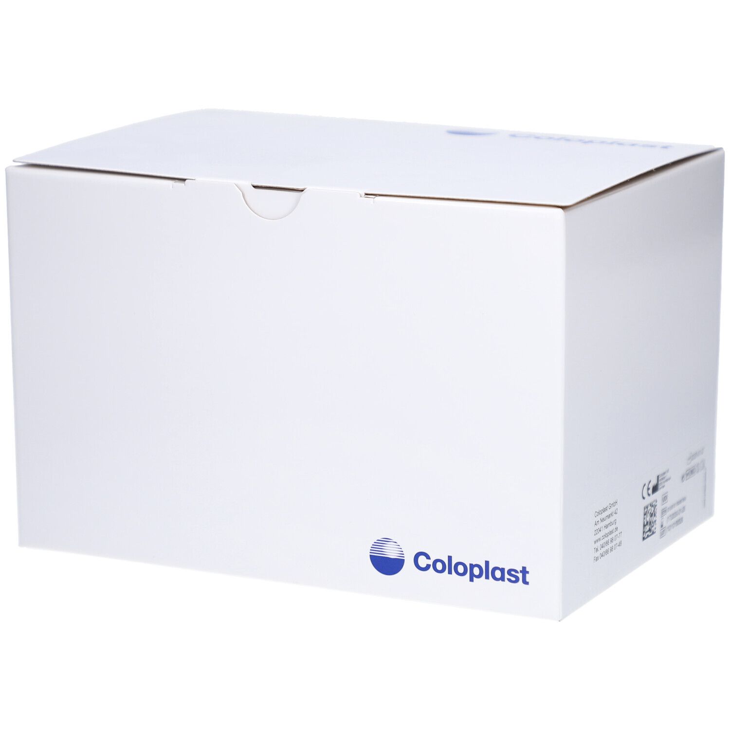 Weißer Karton mit Coloplast-Logo. Der Karton ist geschlossen.