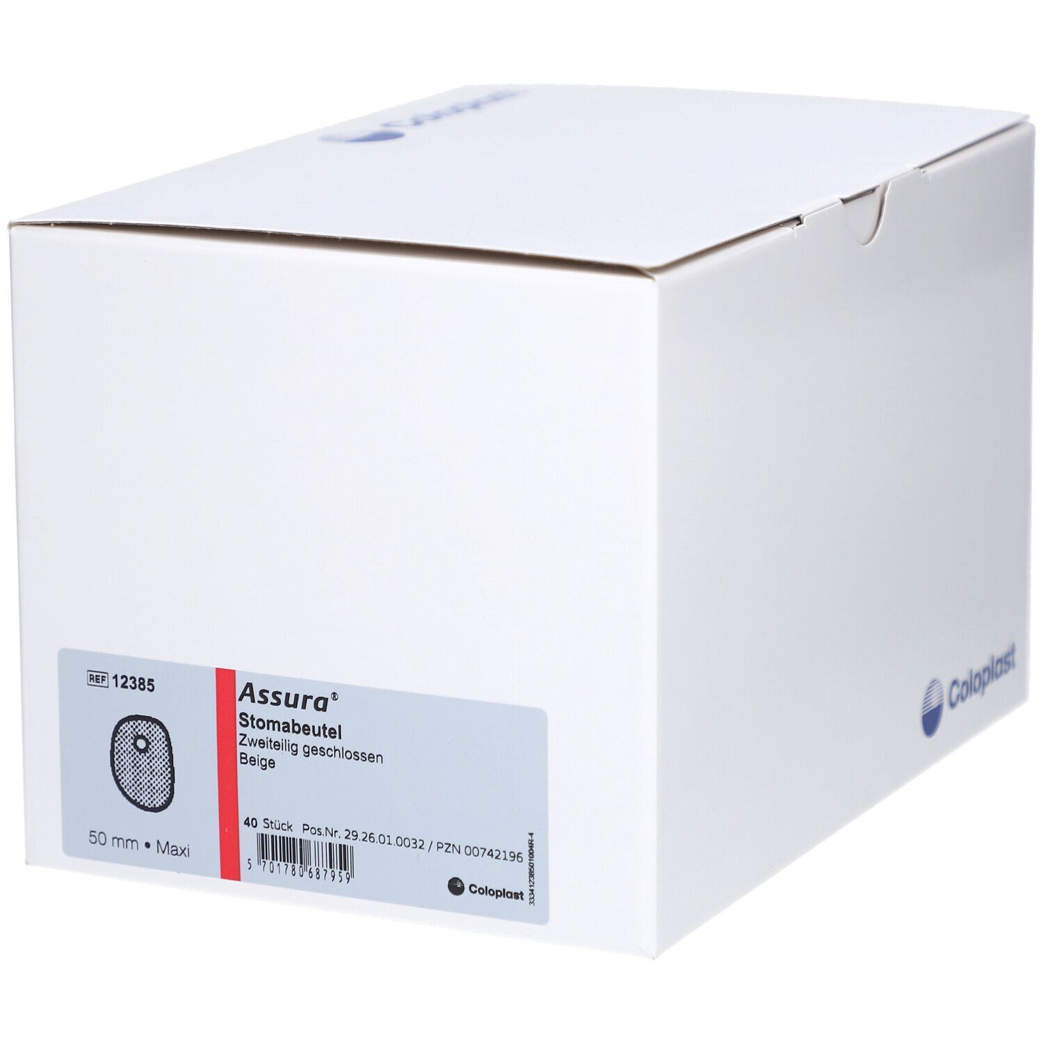 Weißer Karton mit Produktinformationen. Aufschrift: Assura, Stomabeutel, zweiteilig geschlossen, 50 mm.