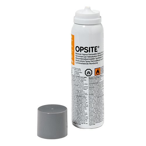 Weiße Sprühflasche mit grauem Deckel. Beschriftung: OPSITE. Mehrsprachige Produktinformationen. Warnsymbole.