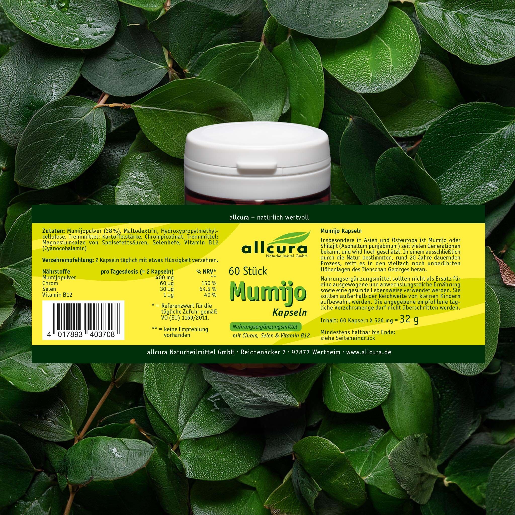 Grüner Hintergrund mit Blättern. Pillendose mit gelbem Etikett. Aufschrift: allcura Mumijo Kapseln, 60 Stück.