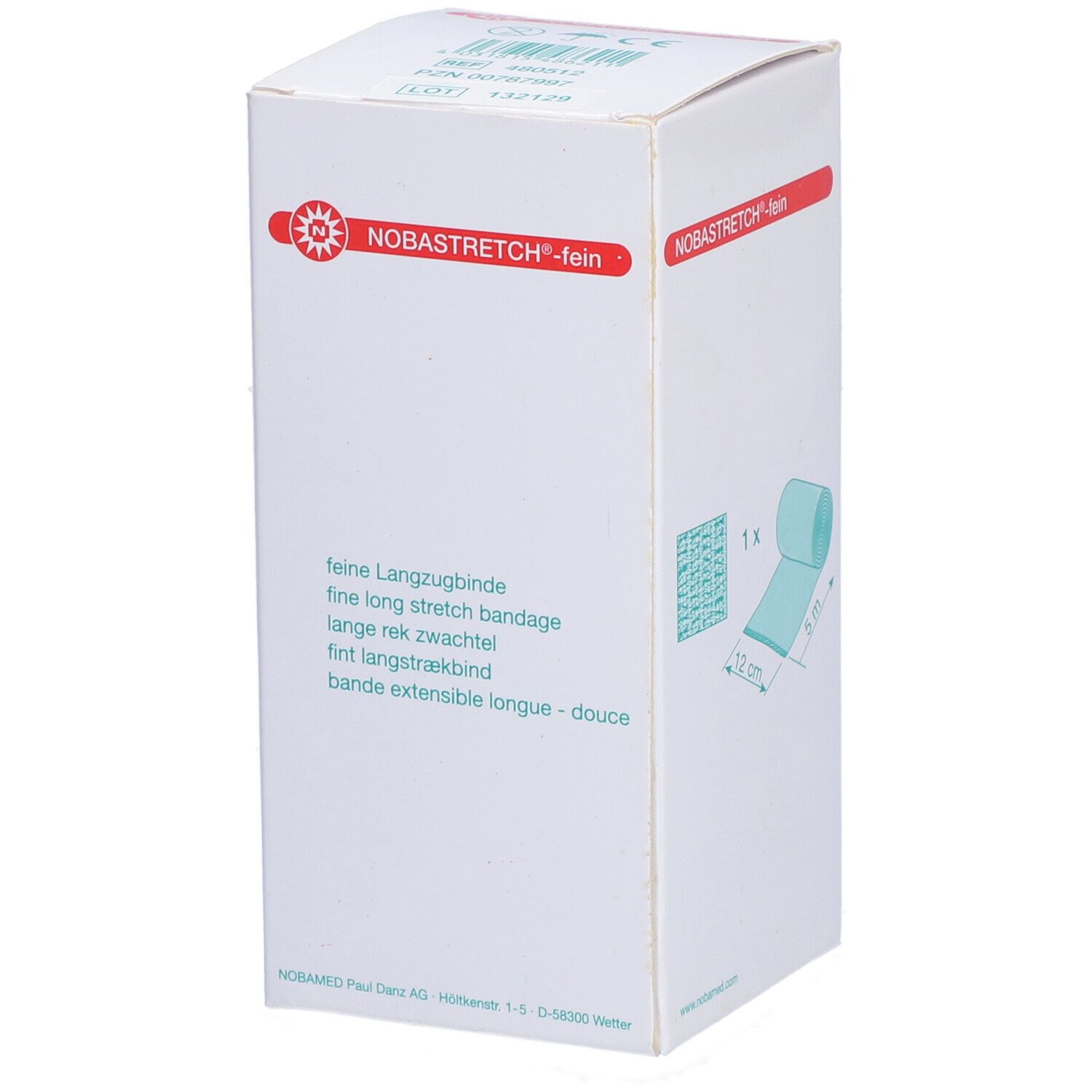 Weiße Verpackung mit rotem Logo und Schriftzug NOBASTRETCH-fein. Text: feine Langzugbinde. Bandage-Rolle abgebildet.