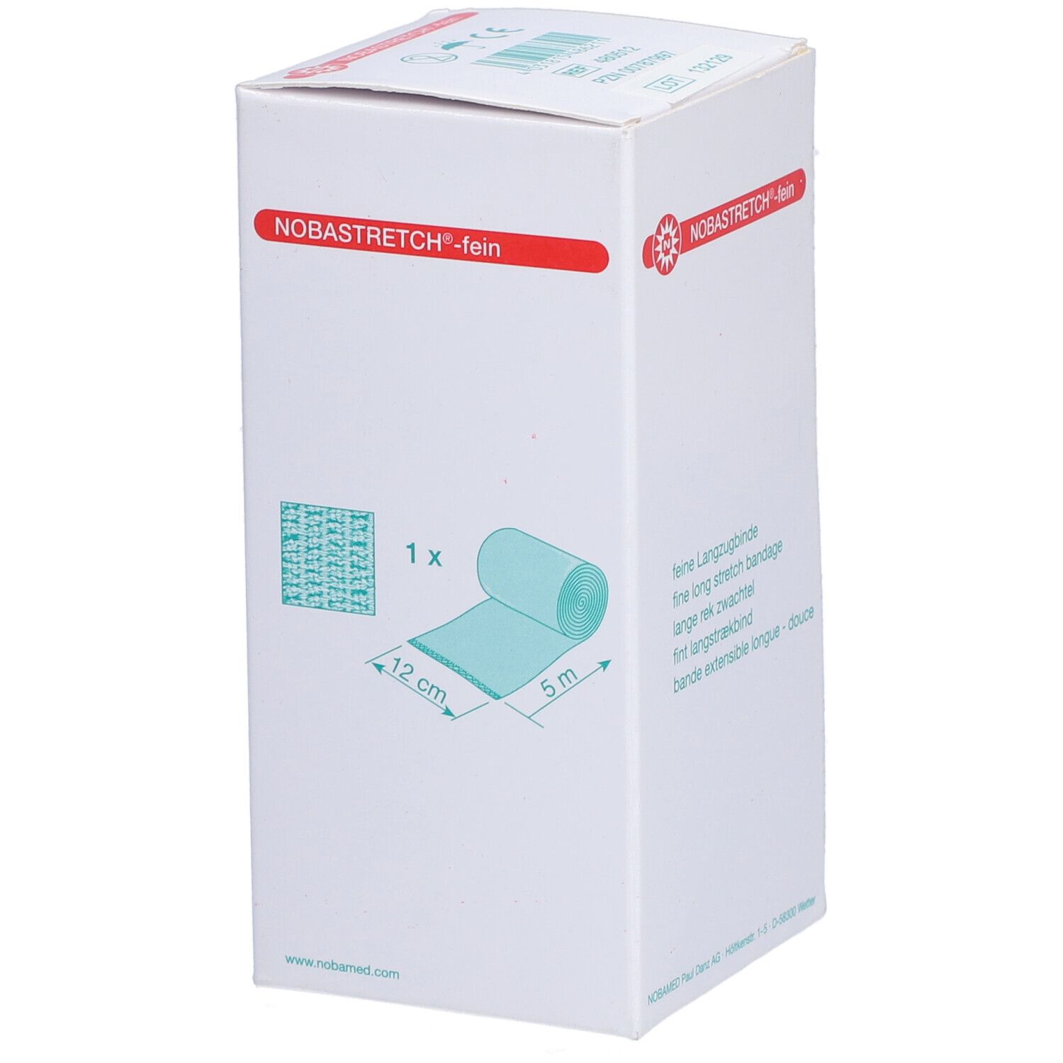 Weiße Verpackung mit rotem Logo NOBASTRETCH-fein. Abbildung: Bandage-Rolle, 12 cm x 5 m. Text: feine Langzugbinde.