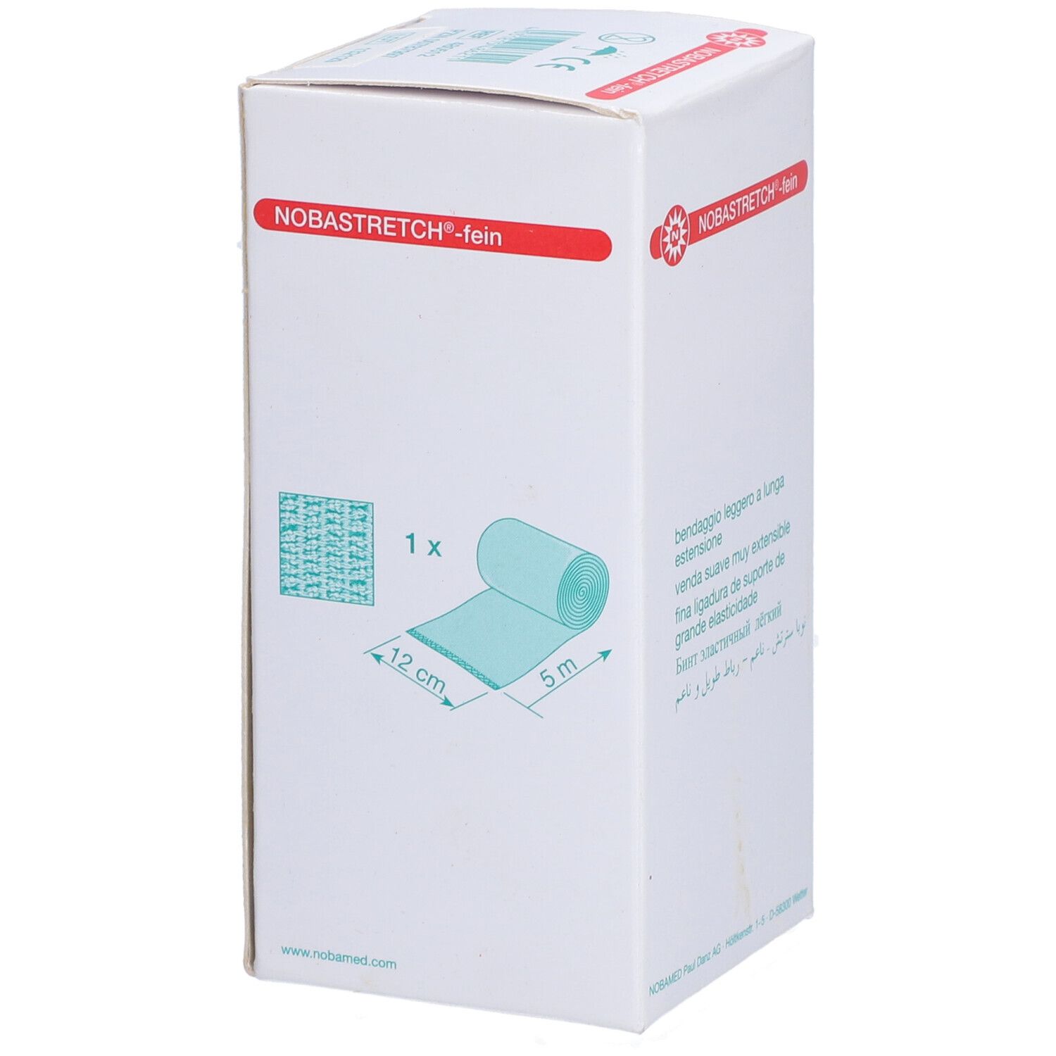 Weiße Verpackung mit rotem Logo NOBASTRETCH-fein. Abbildung: Bandage-Rolle, 12 cm x 5 m. Text: feine Langzugbinde.