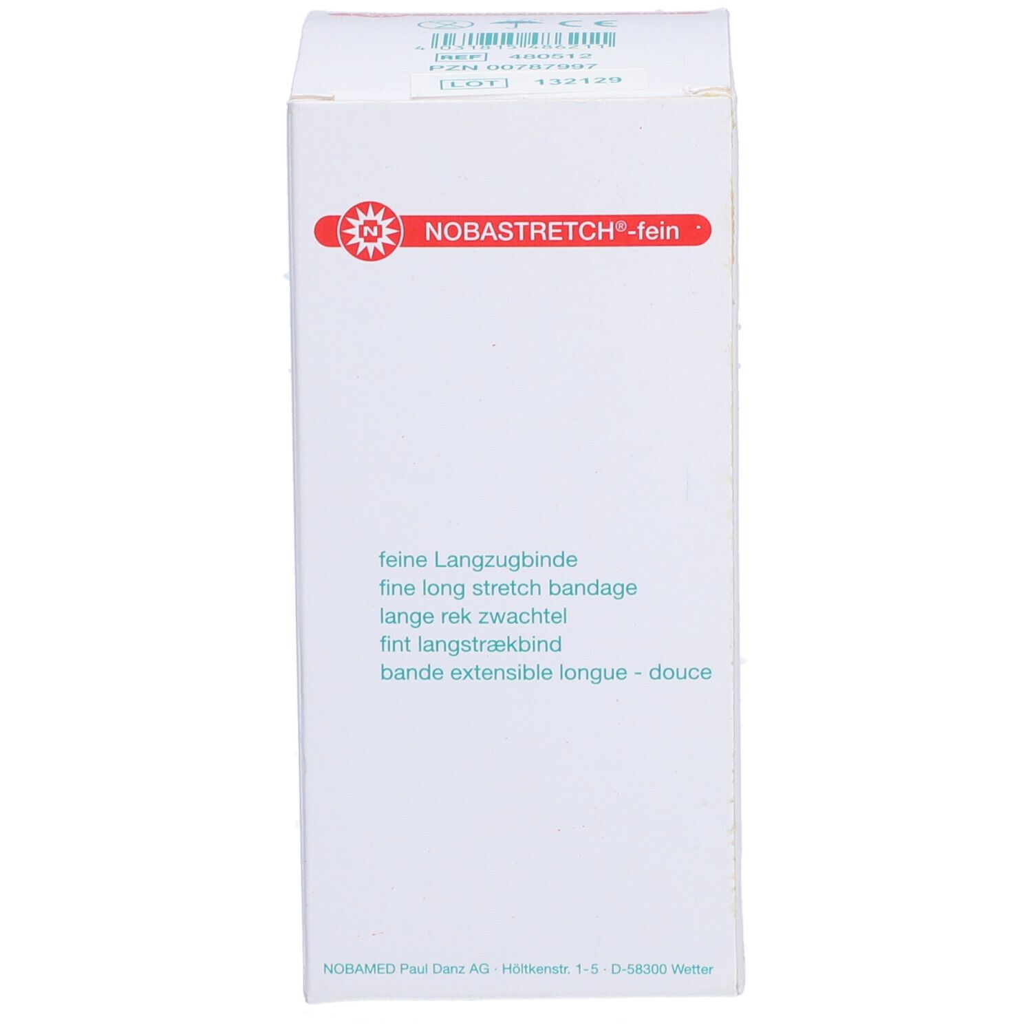 Weiße Verpackung mit rotem Logo NOBASTRETCH-fein. Text: feine Langzugbinde, fine long stretch bandage.