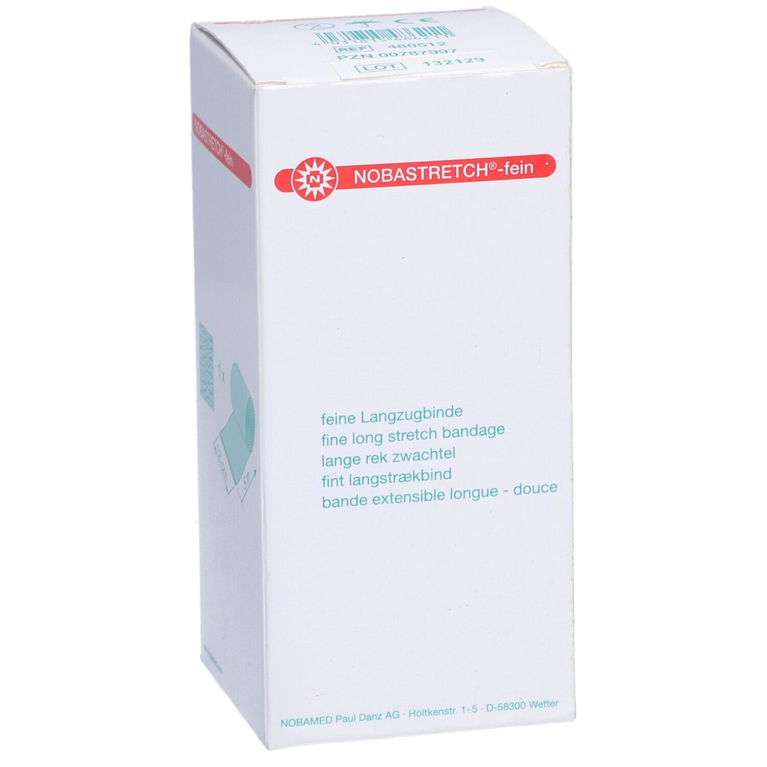 Weiße Verpackung mit rotem Logo NOBASTRETCH-fein. Text: feine Langzugbinde, fine long stretch bandage. Bandage-Rolle abgebildet.