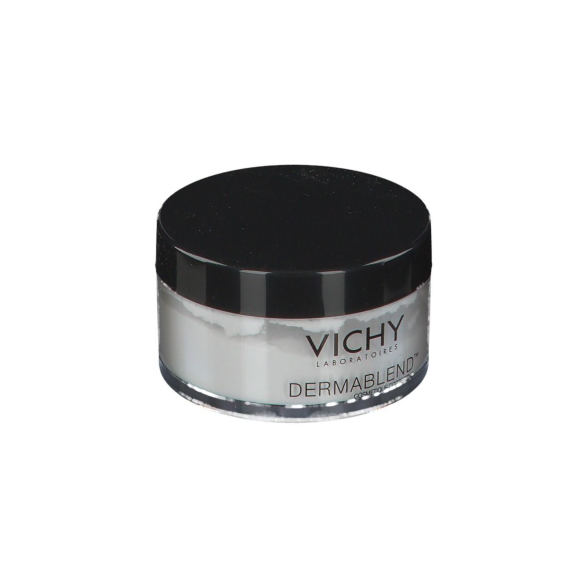 Vichy Dermablend Fixierpuder-Dose. Schwarzer Deckel, transparente Dose, weißes Puder. Vichy und Dermablend-Logo.