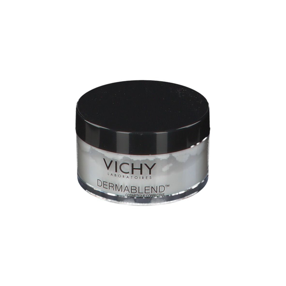 Vichy Dermablend Fixierpuder-Dose. Schwarzer Deckel, transparente Dose, weißes Puder. Vichy und Dermablend-Logo.