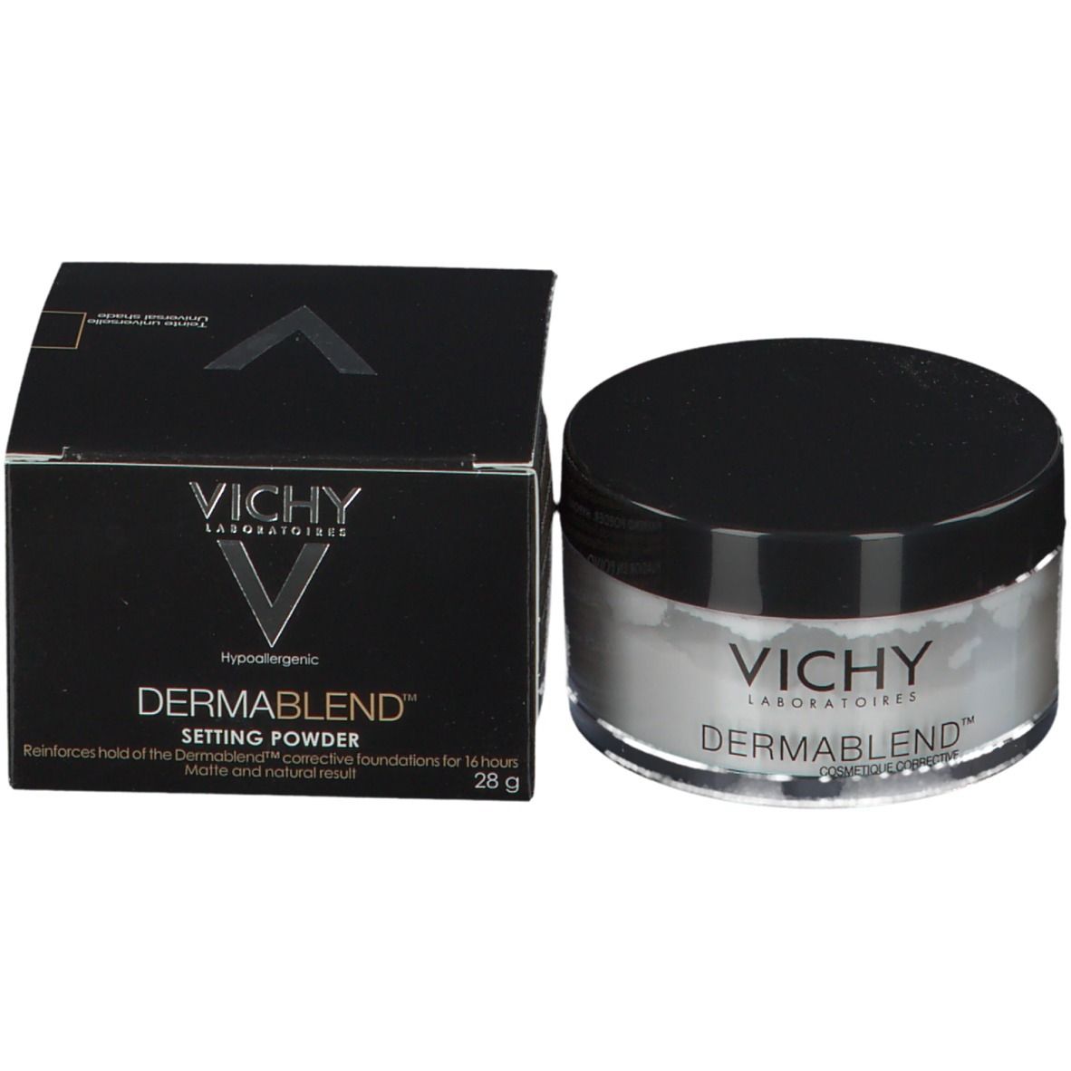 Vichy Dermablend Fixierpuder-Dose und Schachtel. Schwarze Schachtel, Dose mit schwarzem Deckel. Weißes Puder.