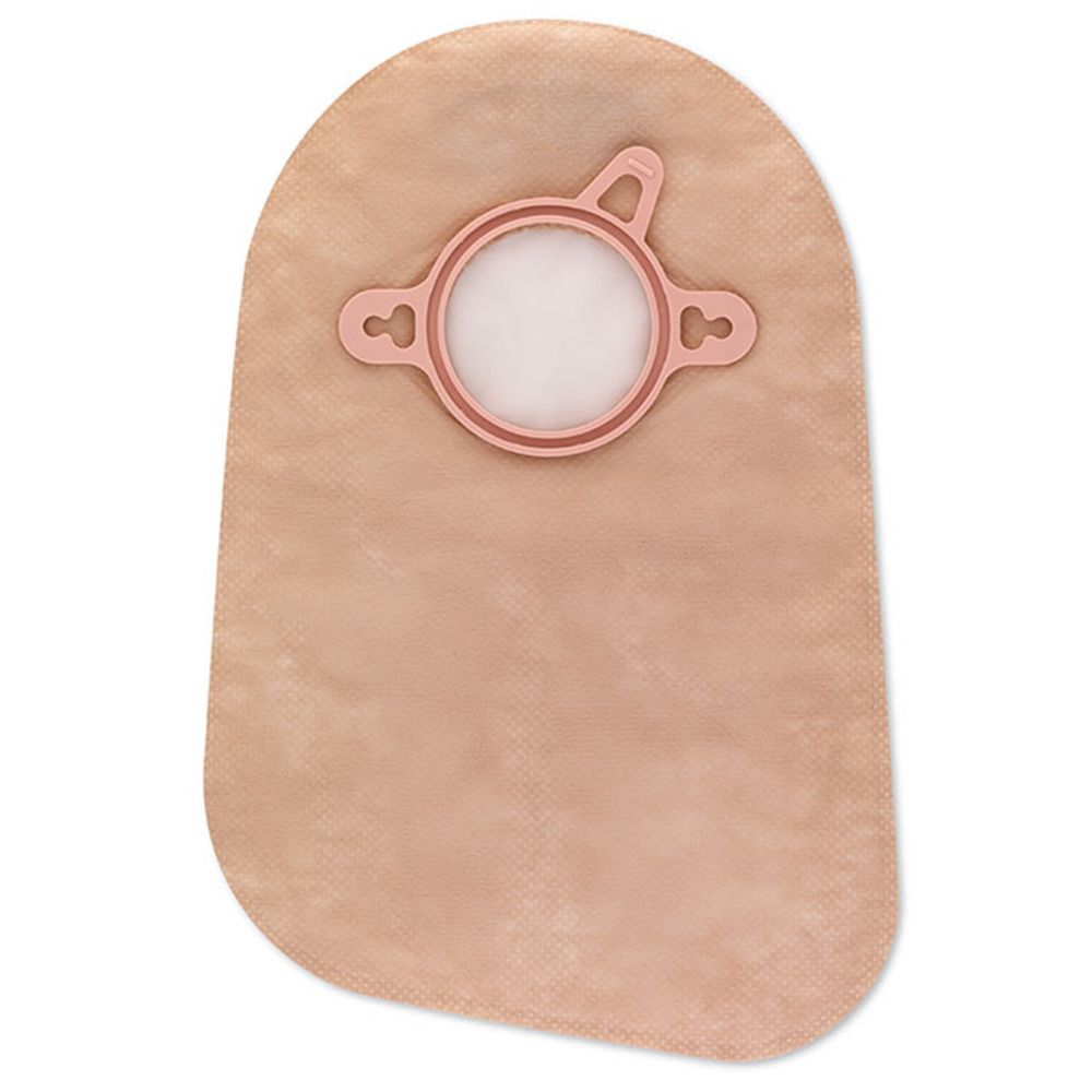 Hautfarbener, geschlossener Beutel mit rosafarbenem Ring. Der Beutel hat eine ovale Form und eine Öffnung mit einem Verschluss.