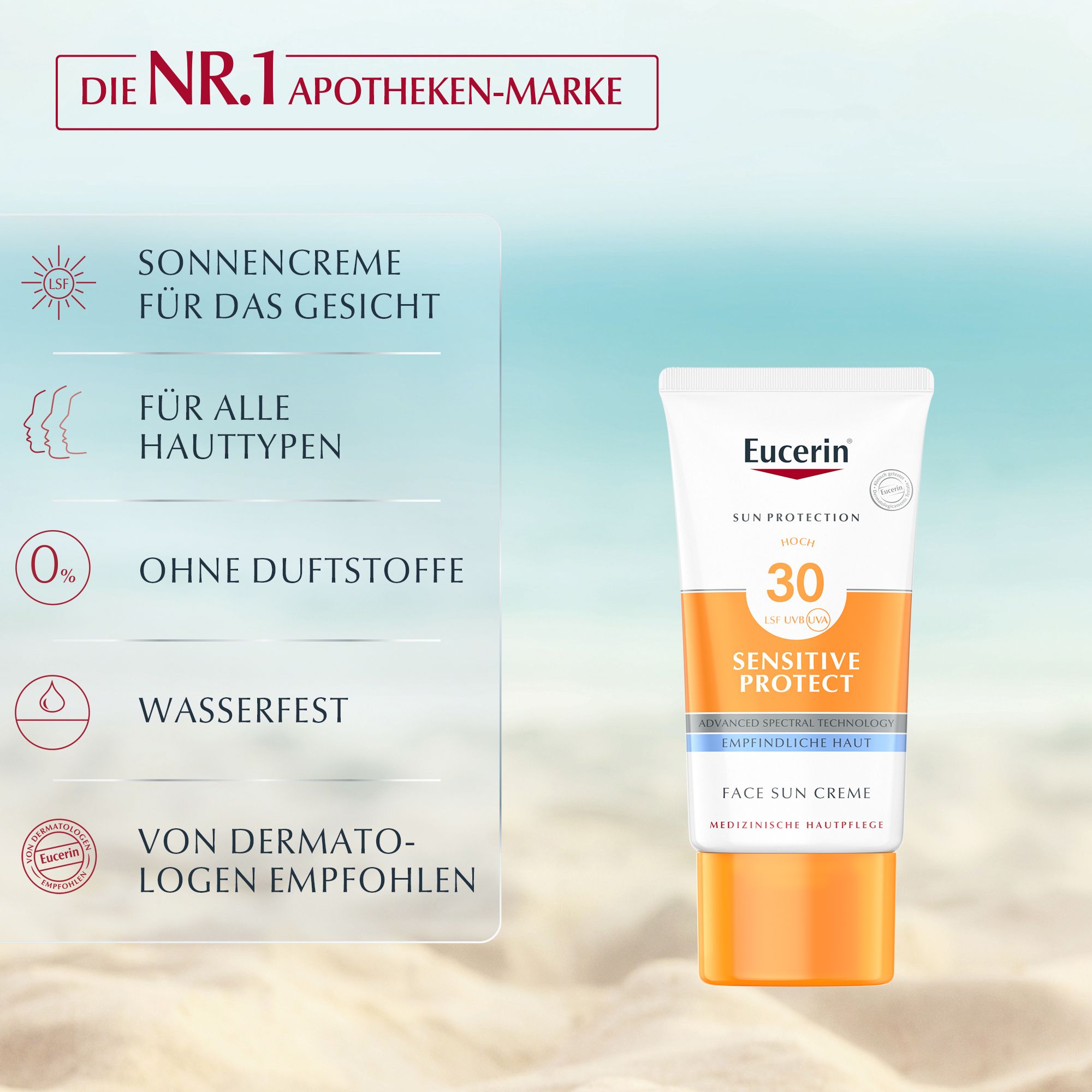 Eucerin Sun Sensitive Protect Face Creme LSF 30. Weiße Tube mit orangefarbenem Deckel. Text: Sonnenschutz, Sensitive Protect, Face Sun Creme. Wasserfest, ohne Duftstoffe.