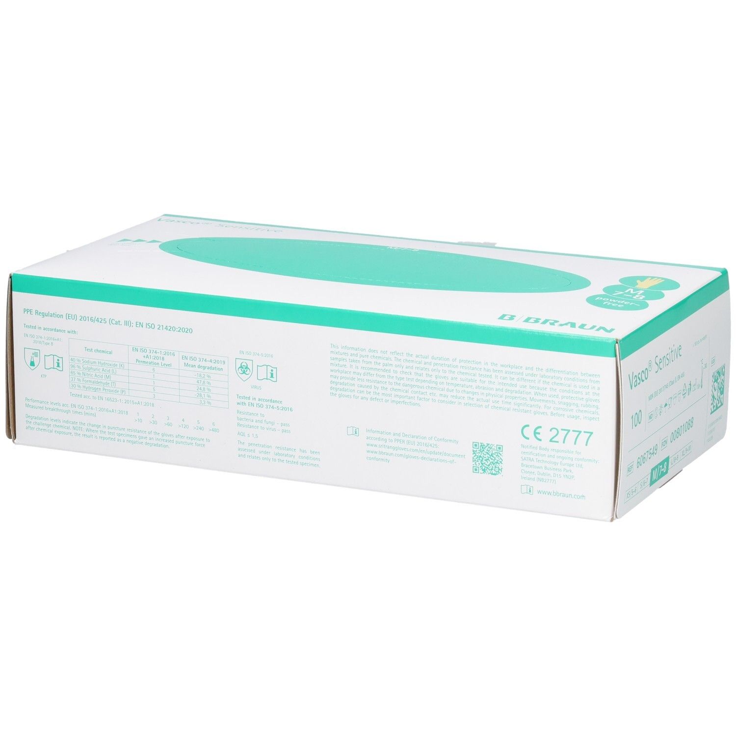 Weiße Verpackung mit grünem Oval. Aufschrift: VASCO SENSITIVE, B. Braun. CE-Kennzeichnung. Informationen und Piktogramme.