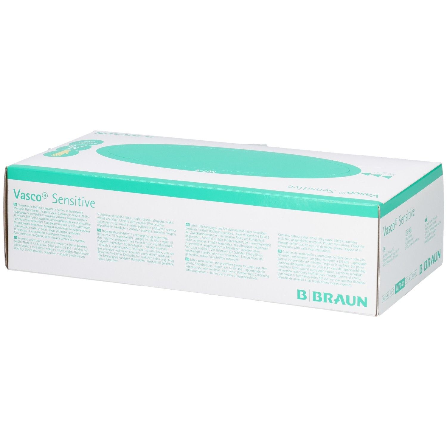 Weiße Verpackung mit grünem Oval. Aufschrift: VASCO SENSITIVE, B. Braun. Informationen und Piktogramme.