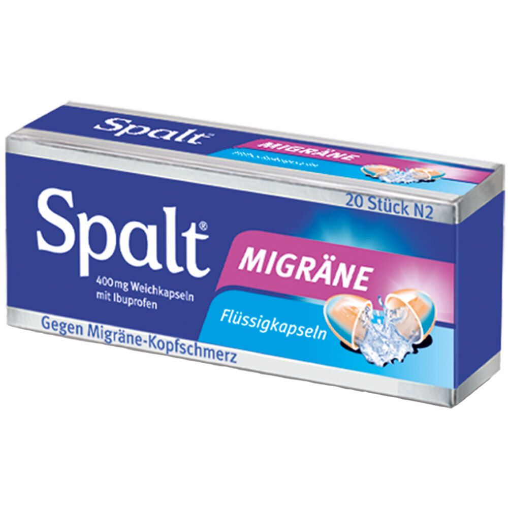 Blau-weiße Schachtel mit "Spalt Migräne"-Aufdruck. Enthält 20 Flüssigkapseln. Aufschrift: 400mg Weichkapseln mit Ibuprofen.