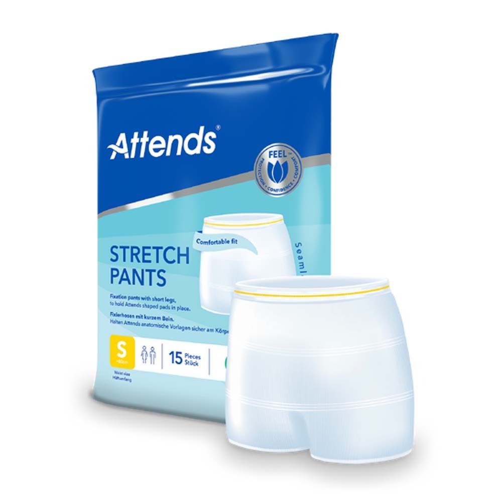 Verpackung mit Attends Stretch Pants. Weiße Pants mit gelbem Bund. Aufschrift: S, 15 Stück.