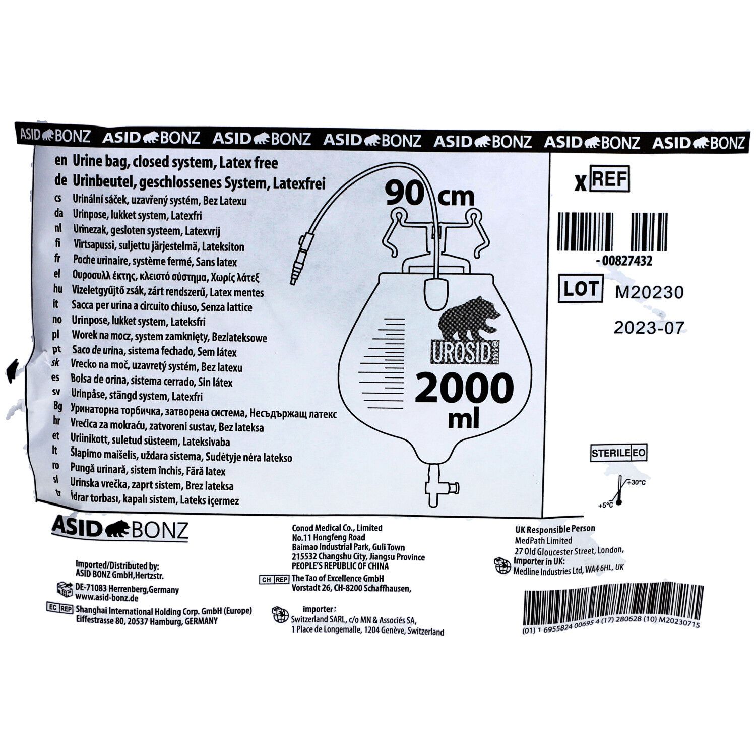 Urinbeutel UROSID, 2000 ml, 90 cm Schlauch, Ablasshahn. Mit Text und Symbolen bedruckt. Steril.