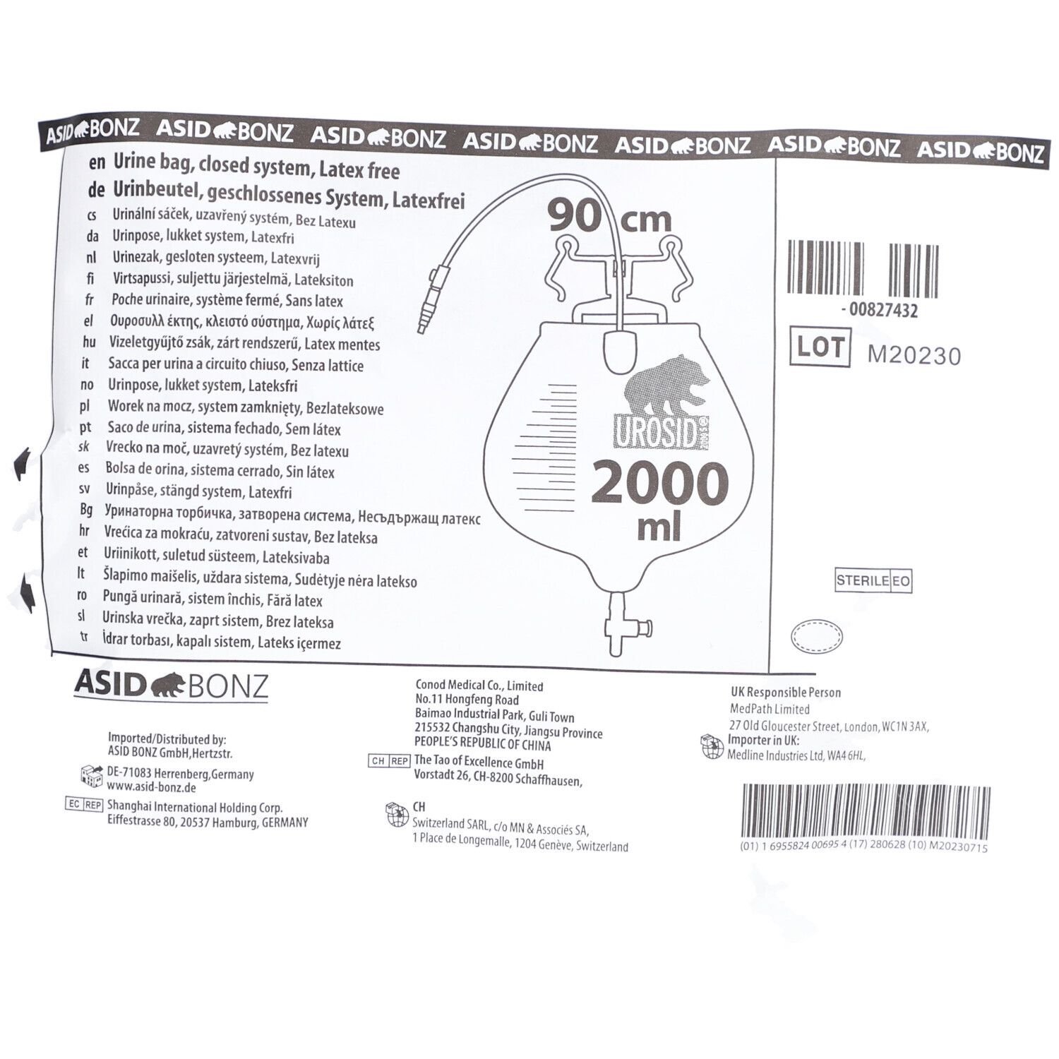 Urinbeutel UROSID, 2000 ml, 90 cm Schlauch, Ablasshahn. Mit Text und Symbolen bedruckt. Steril.