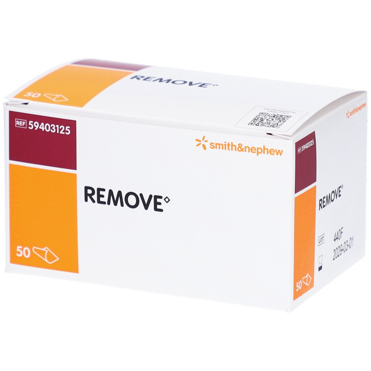 Verpackung von REMOVE. Weißer Karton mit orangefarbenen und weinroten Akzenten. Smith & Nephew Logo. REF 59403125. 50 Stück.