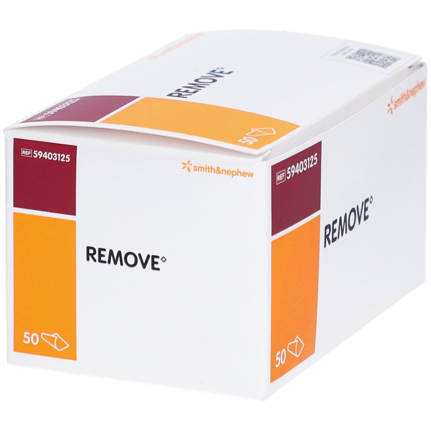 REMOVE-Verpackung. Weißer Karton mit orangefarbenen und weinroten Akzenten. Smith & Nephew Logo. REF 59403125. 50 Stück.