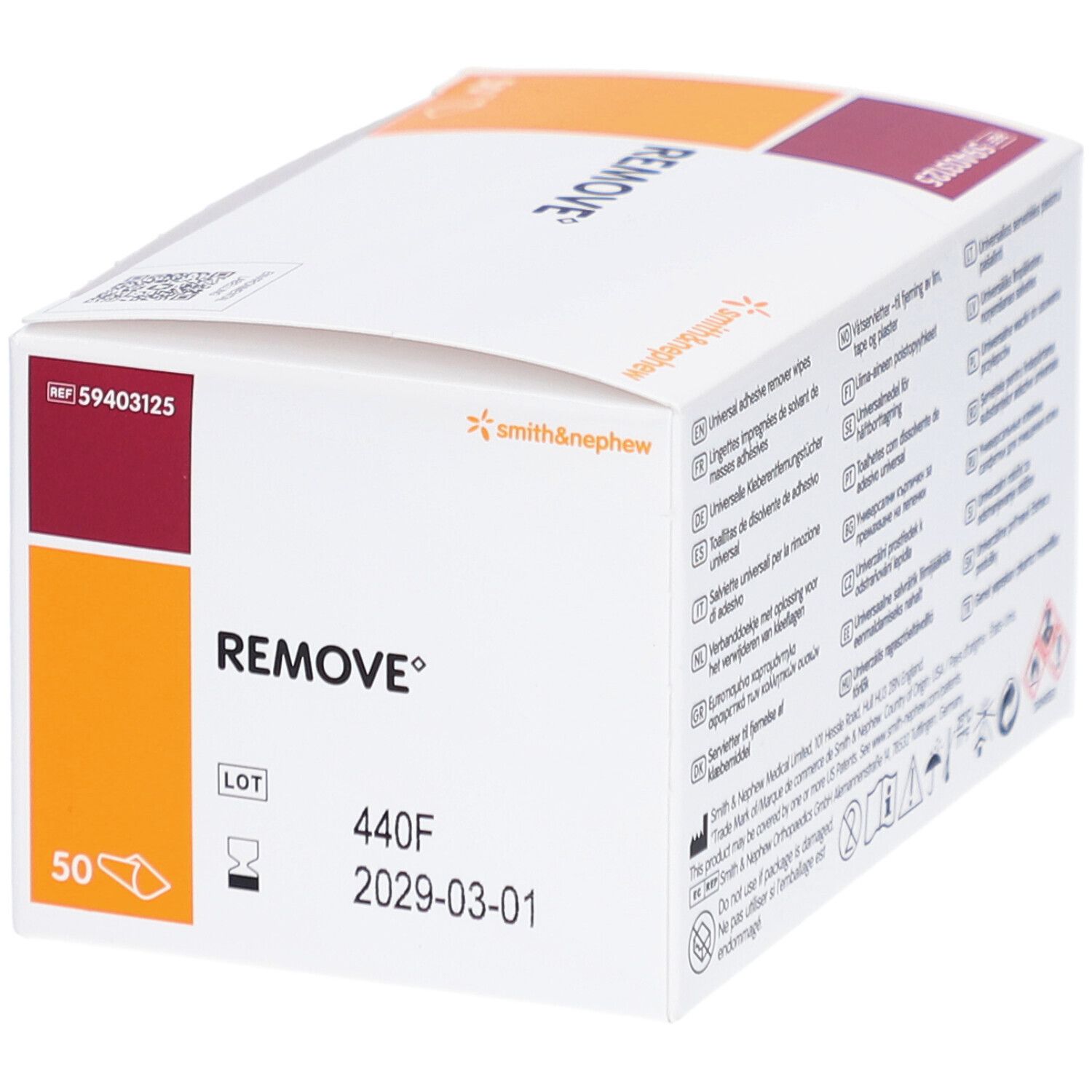 REMOVE-Verpackung. Weißer Karton mit orangefarbenen und weinroten Akzenten. Smith & Nephew Logo. REF 59403125. 50 Stück. LOT 440F.