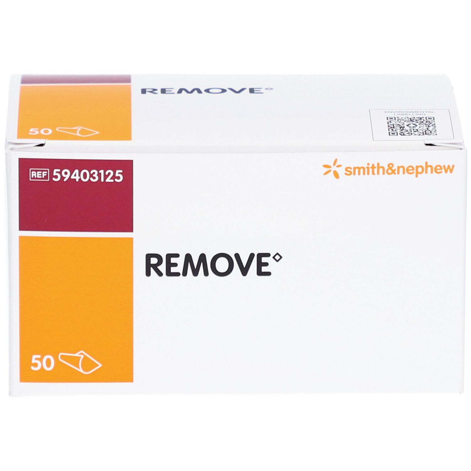 REMOVE-Verpackung. Weißer Karton mit orangefarbenen und weinroten Akzenten. Smith & Nephew Logo. REF 59403125. 50 Stück.