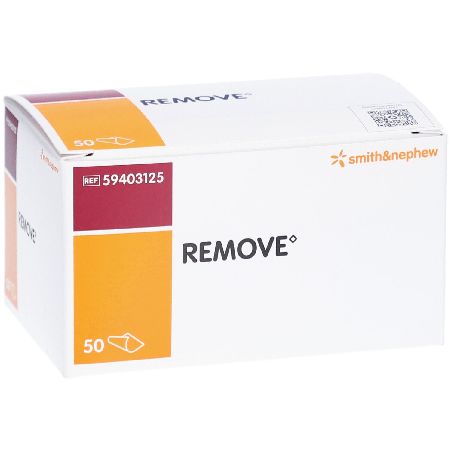 REMOVE-Verpackung. Weißer Karton mit orangefarbenen und weinroten Akzenten. Smith & Nephew Logo. REF 59403125. 50 Stück.