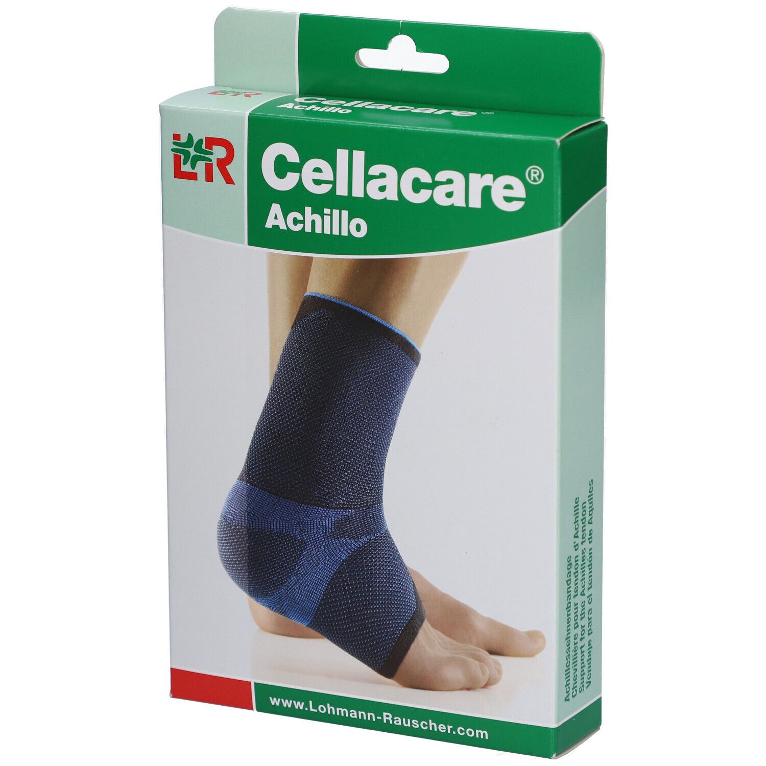 Cellacare Achillo Achillessehnenbandage in Verpackung. Blau-schwarze Bandage am Fuß abgebildet. Logo und Schriftzug.
